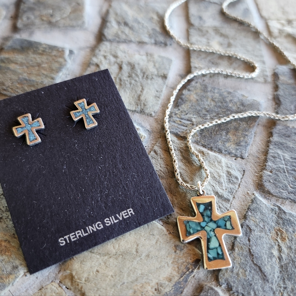 Sterling Silver Vintage Turquoise Inlay Cross Necklace Set